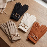 Load image into Gallery viewer, Gold Buckle Accent Faux Suede Touchscreen Glove
