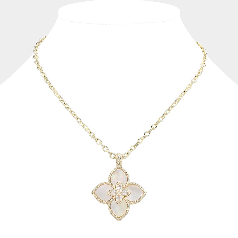 14K Gold Plated CZ Mother Of Pearl Clover Pendant Necklace