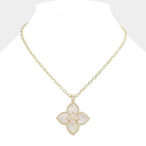 14K Gold Plated CZ Mother Of Pearl Clover Pendant Necklace