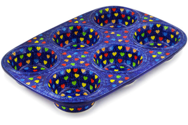 Polish Pottery Muffin Pan Shining Hearts