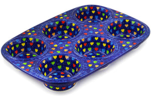 Polish Pottery Muffin Pan Shining Hearts