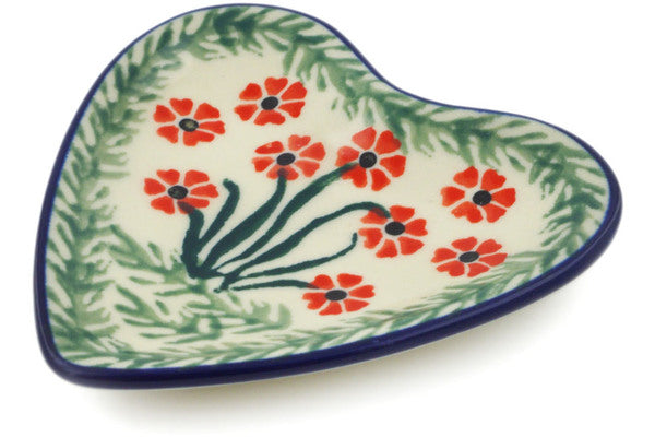 Polish Pottery Small Heart Plate Red Poppy