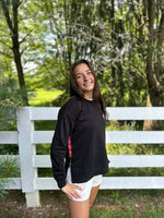 Load image into Gallery viewer, Danny Sweatshirt - Black w Black White &amp; Red Stripe Ribbon 
