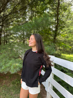 Load image into Gallery viewer, Danny Sweatshirt - Black w Black White &amp; Red Stripe Ribbon 

