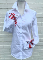 Load image into Gallery viewer, White Blouse with Red &amp; White Strip Ribbon
