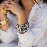 Load image into Gallery viewer, Semi-Precious Stretch Bracelets in Lapis, White Turquoise, Gold &amp; Hand Painted Beads
