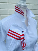 Load image into Gallery viewer, White Blouse with Red &amp; White Strip Ribbon
