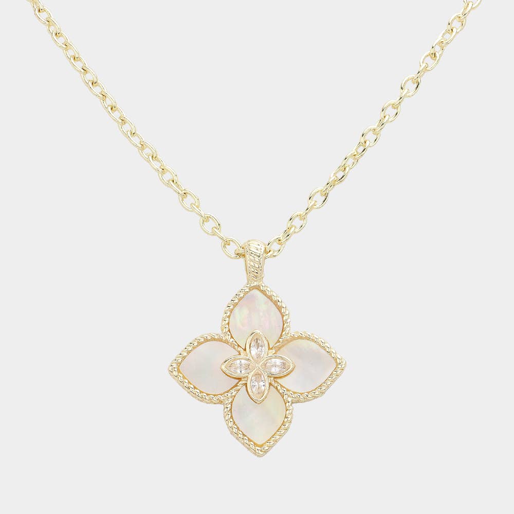 14K Gold Plated CZ Mother Of Pearl Clover Pendant Necklace