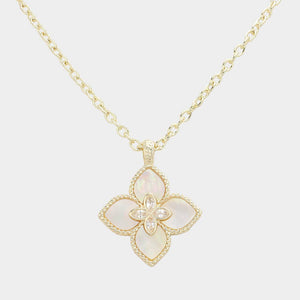 14K Gold Plated CZ Mother Of Pearl Clover Pendant Necklace