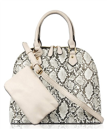 Faux White Snake Textured Handbag & Pouch
