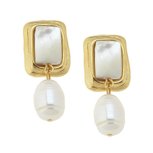 Stone Rectangle + Pearl Earrings