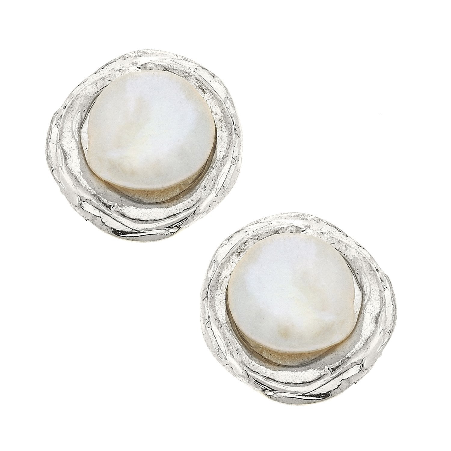 Silver Coin Pearl Clip On Earrings