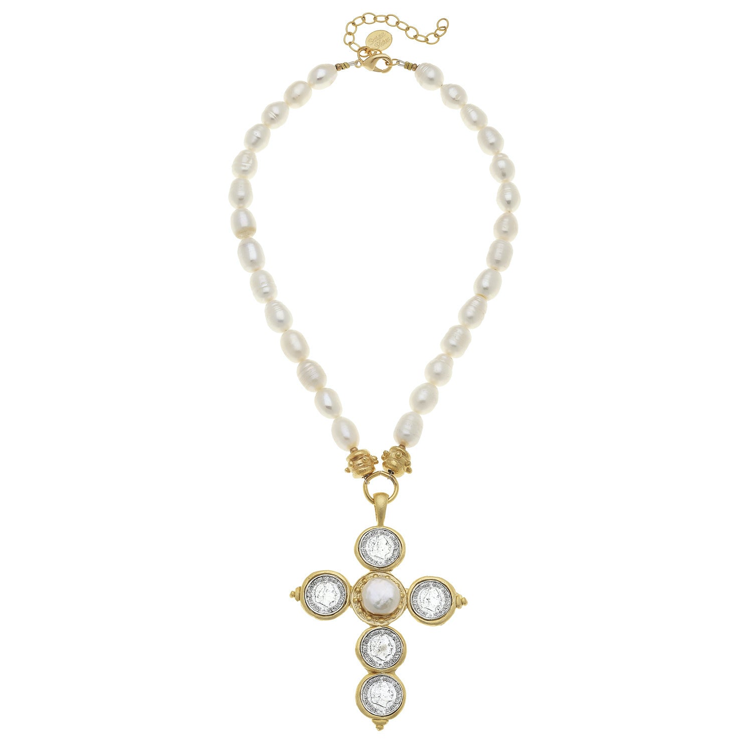 Mixed Metal Coin Cross Pearl Necklace