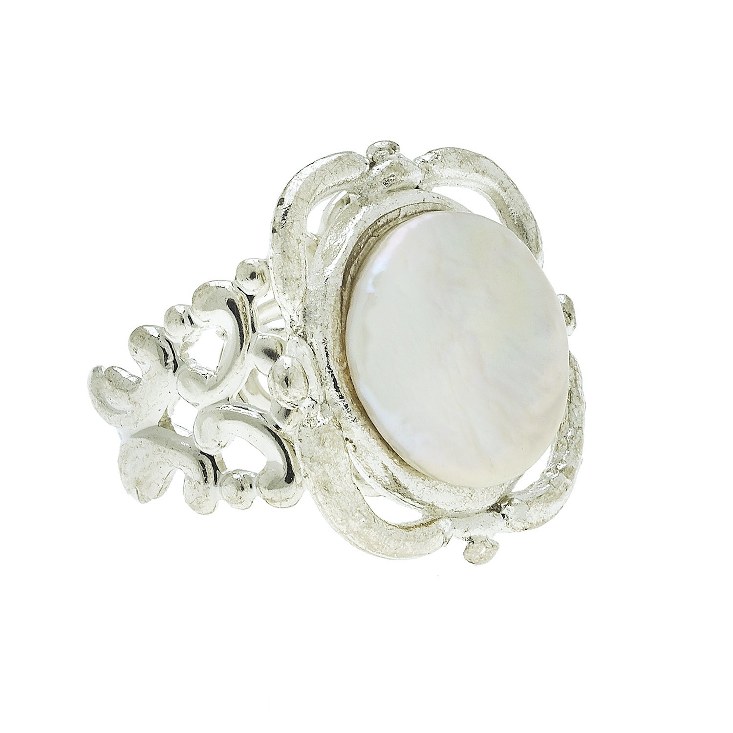 Coin Pearl Silver Scroll Ring